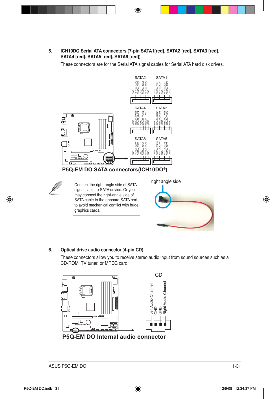 P5q-em do internal audio connector, P5q-em do sata connectors(ich10do, Right angle side | Asus P5Q-EM DO User Manual | Page 45 / 108