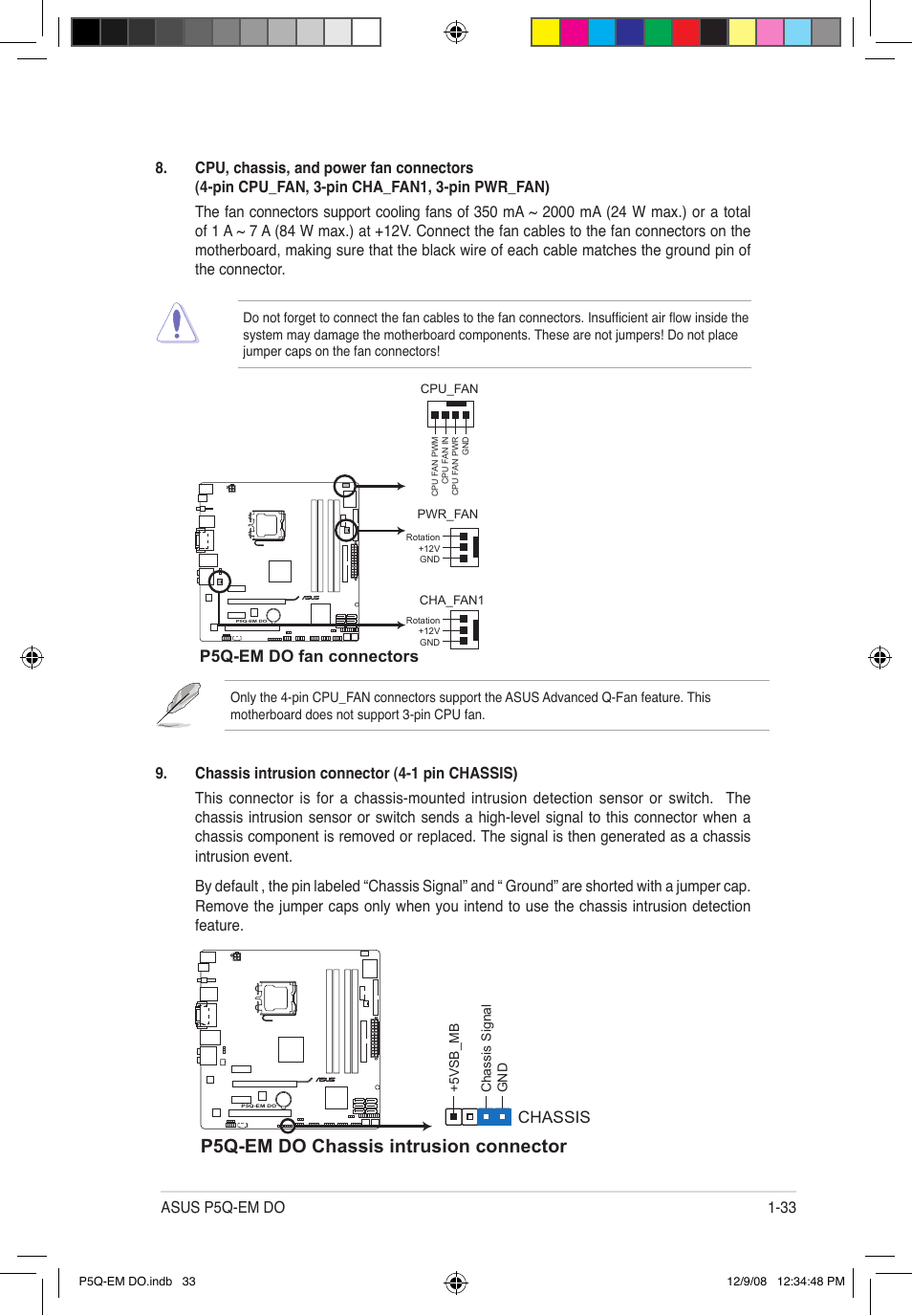 P5q-em do chassis intrusion connector, P5q-em do fan connectors, Chassis | Asus P5Q-EM DO User Manual | Page 47 / 108