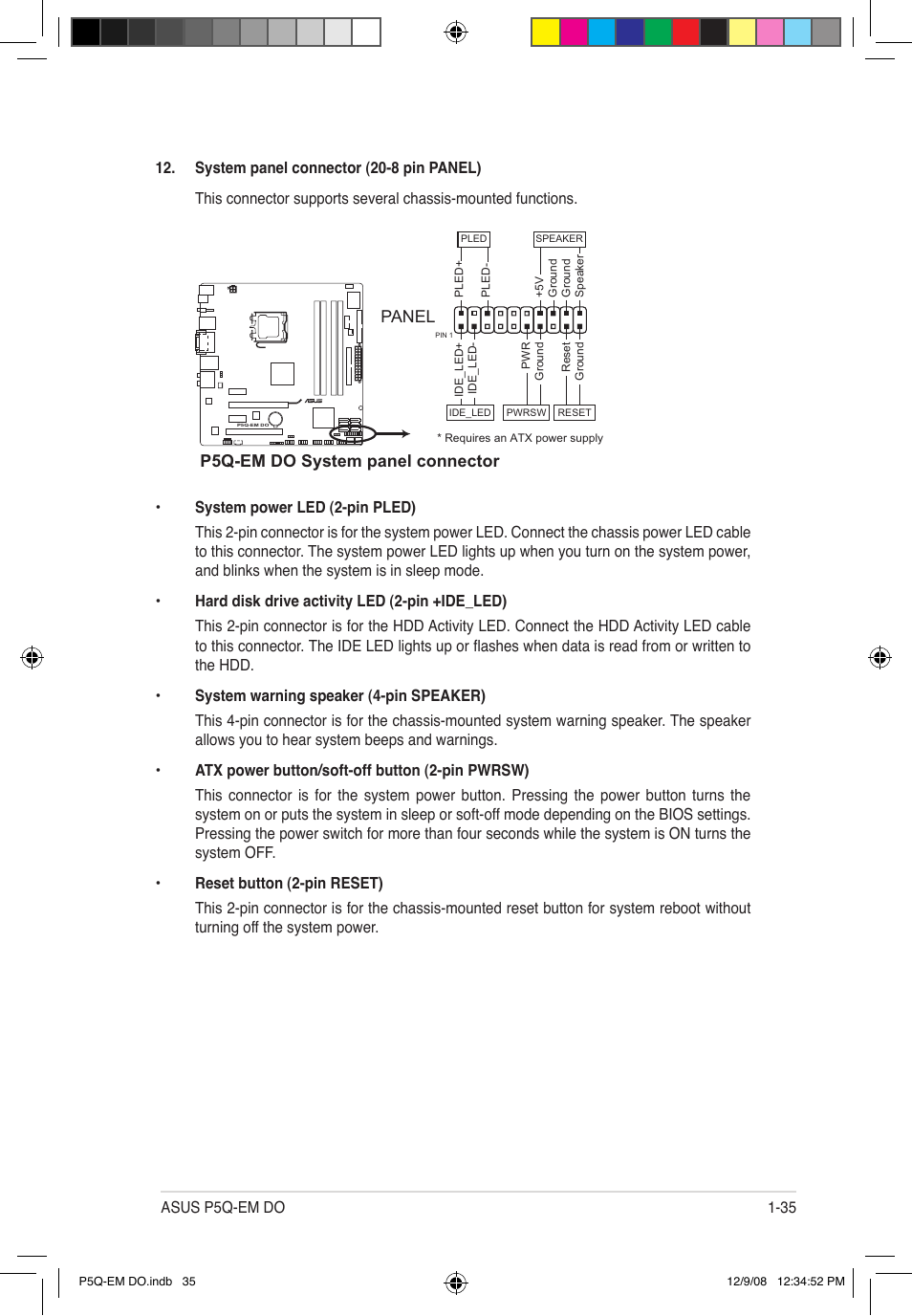 P5q-em do system panel connector, Panel | Asus P5Q-EM DO User Manual | Page 49 / 108