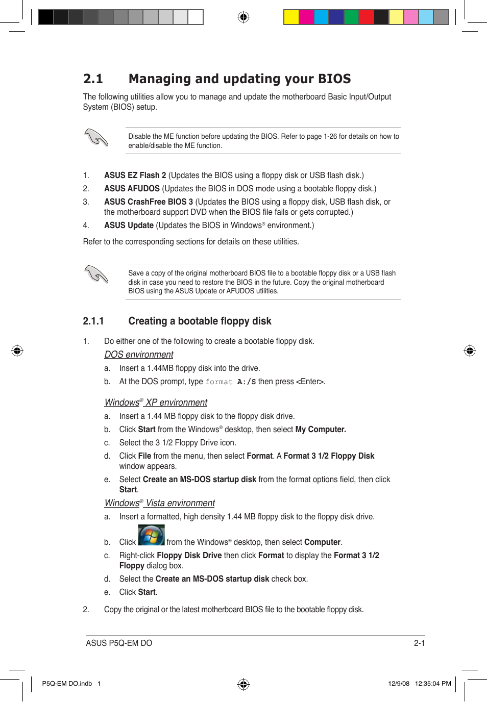 1 managing and updating your bios, 1 creating a bootable floppy disk | Asus P5Q-EM DO User Manual | Page 53 / 108