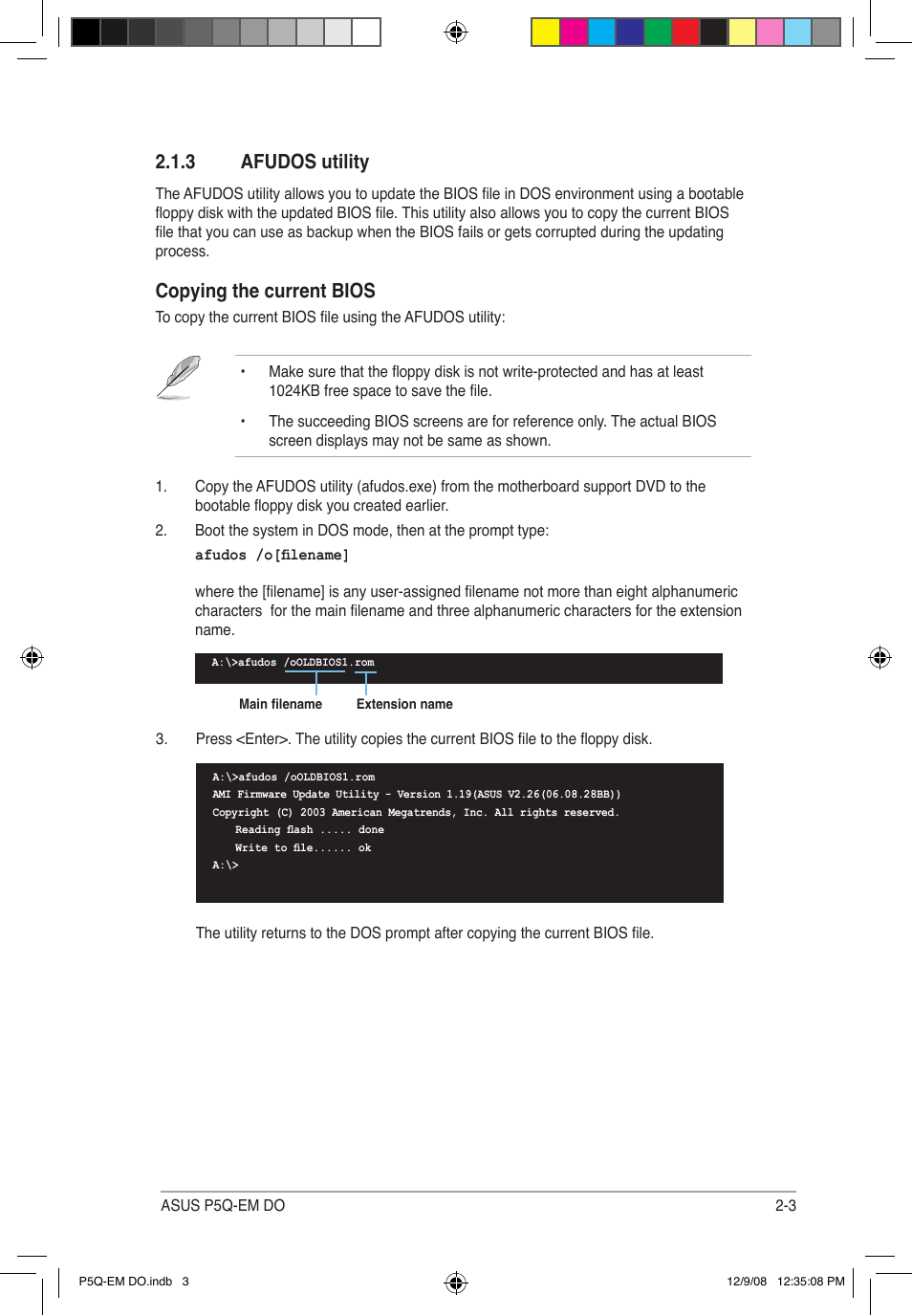 3 afudos utility, Copying the current bios | Asus P5Q-EM DO User Manual | Page 55 / 108