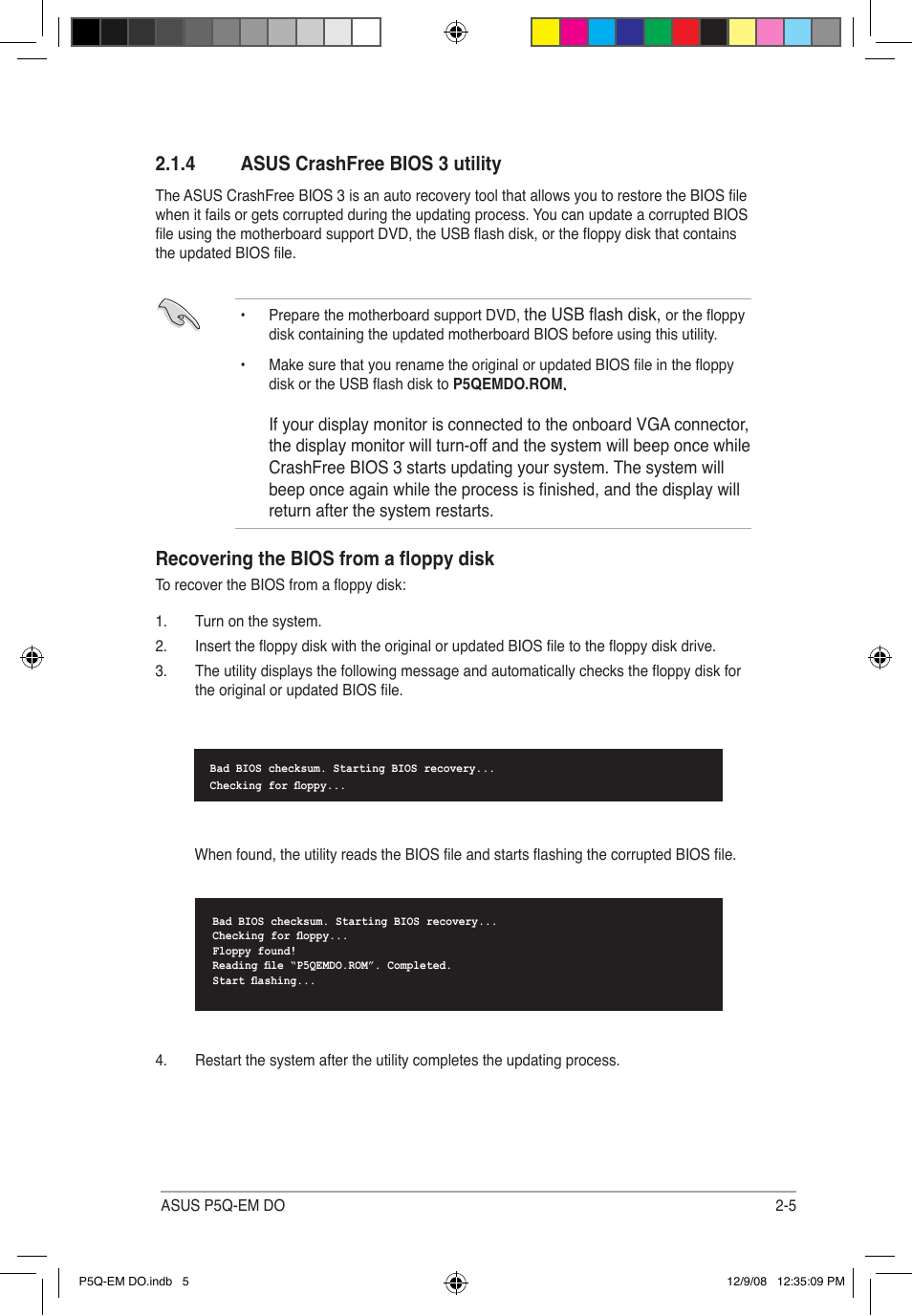 4 asus crashfree bios 3 utility, Recovering the bios from a floppy disk | Asus P5Q-EM DO User Manual | Page 57 / 108