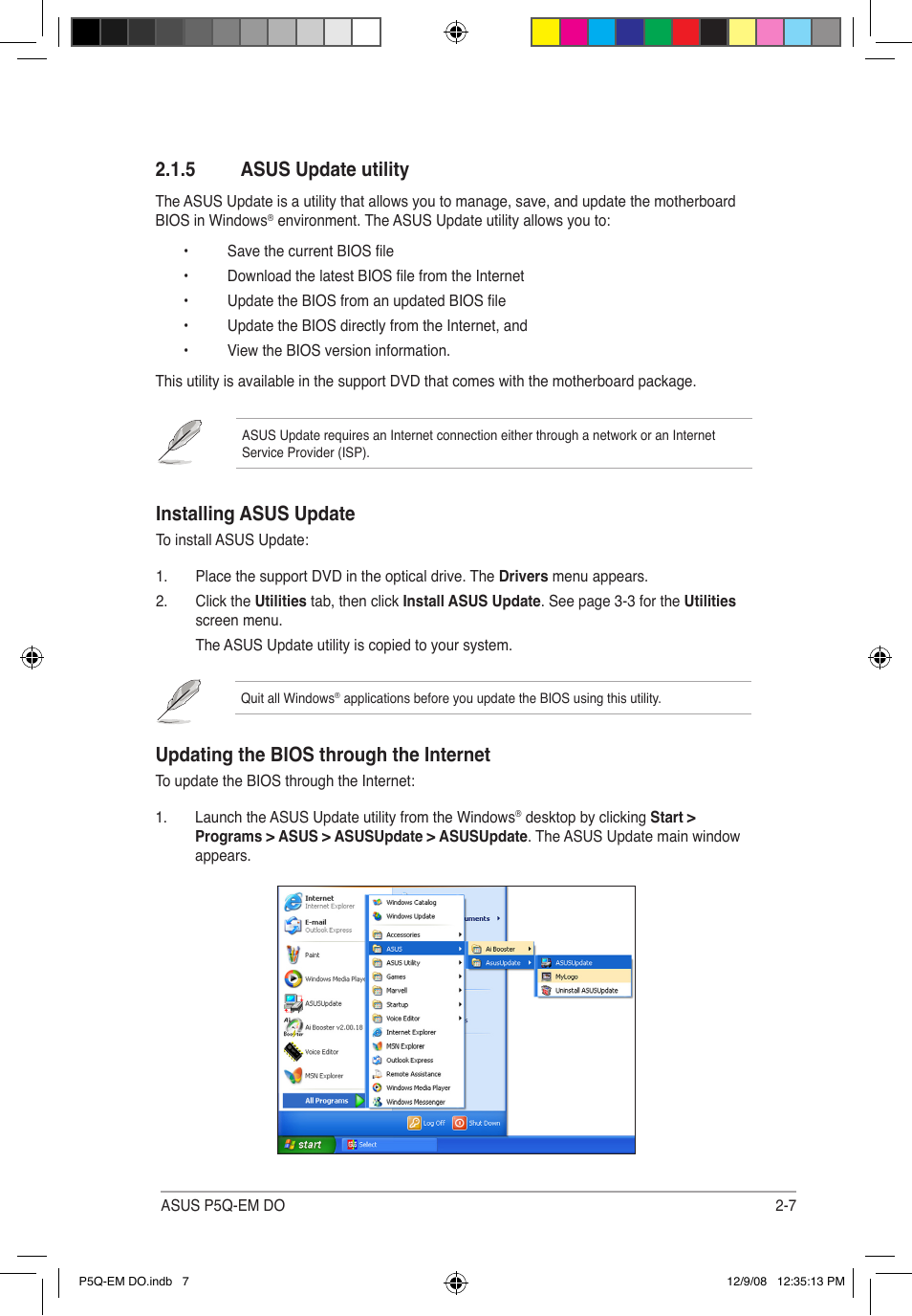 5 asus update utility, Installing asus update, Updating the bios through the internet | Asus P5Q-EM DO User Manual | Page 59 / 108