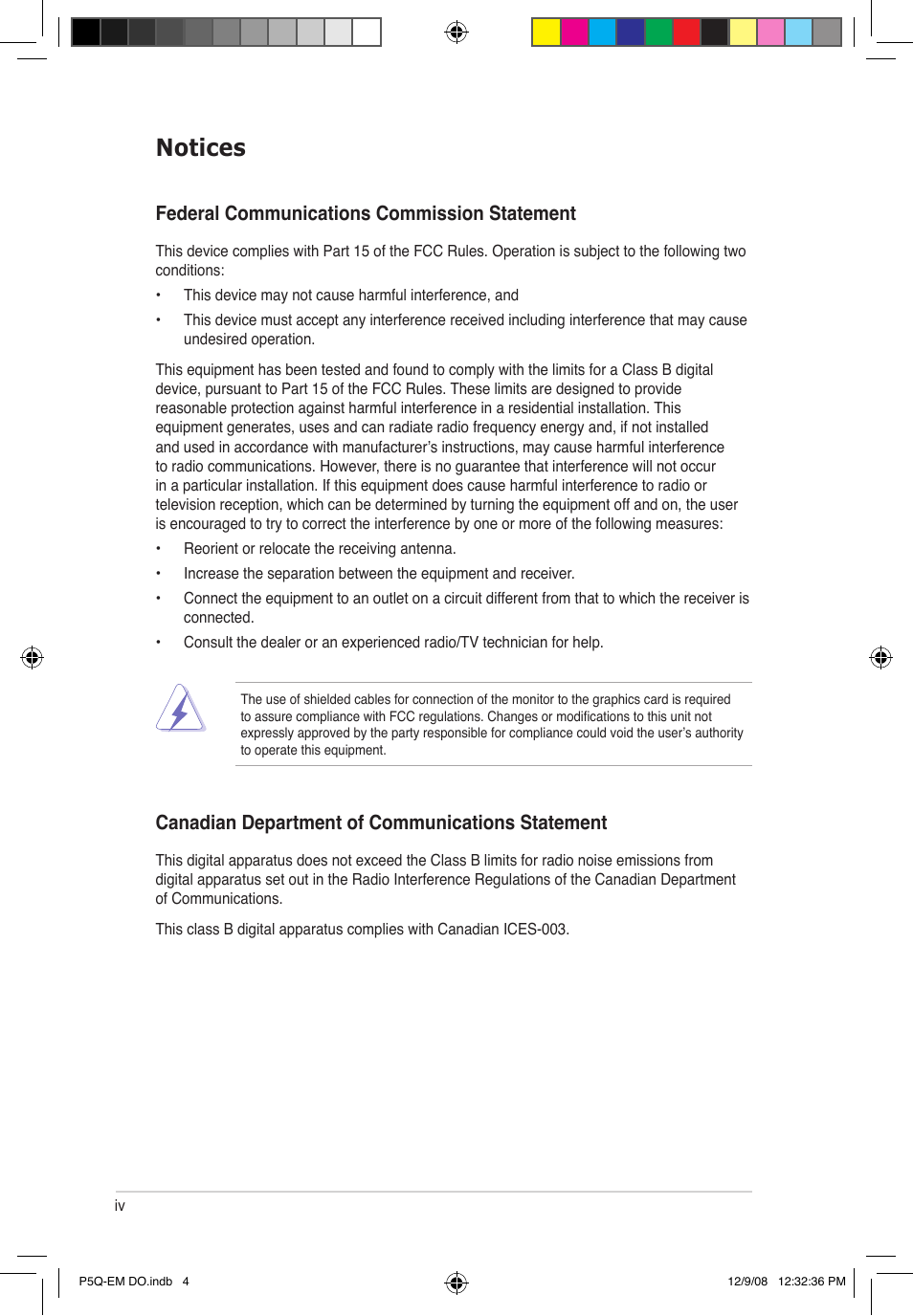 Notices, Federal communications commission statement, Canadian department of communications statement | Asus P5Q-EM DO User Manual | Page 6 / 108