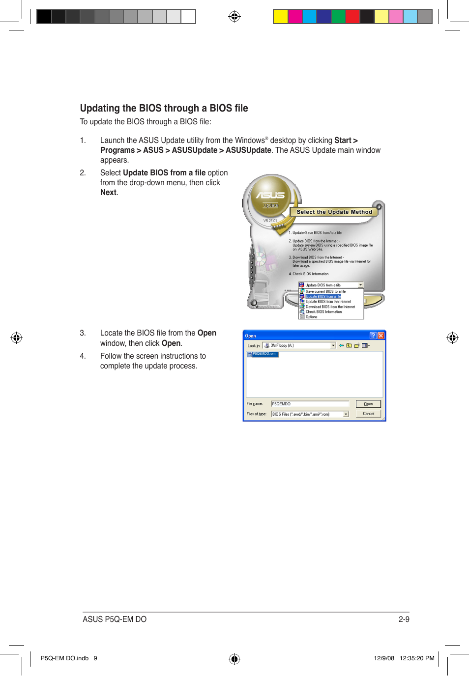 Updating the bios through a bios file | Asus P5Q-EM DO User Manual | Page 61 / 108