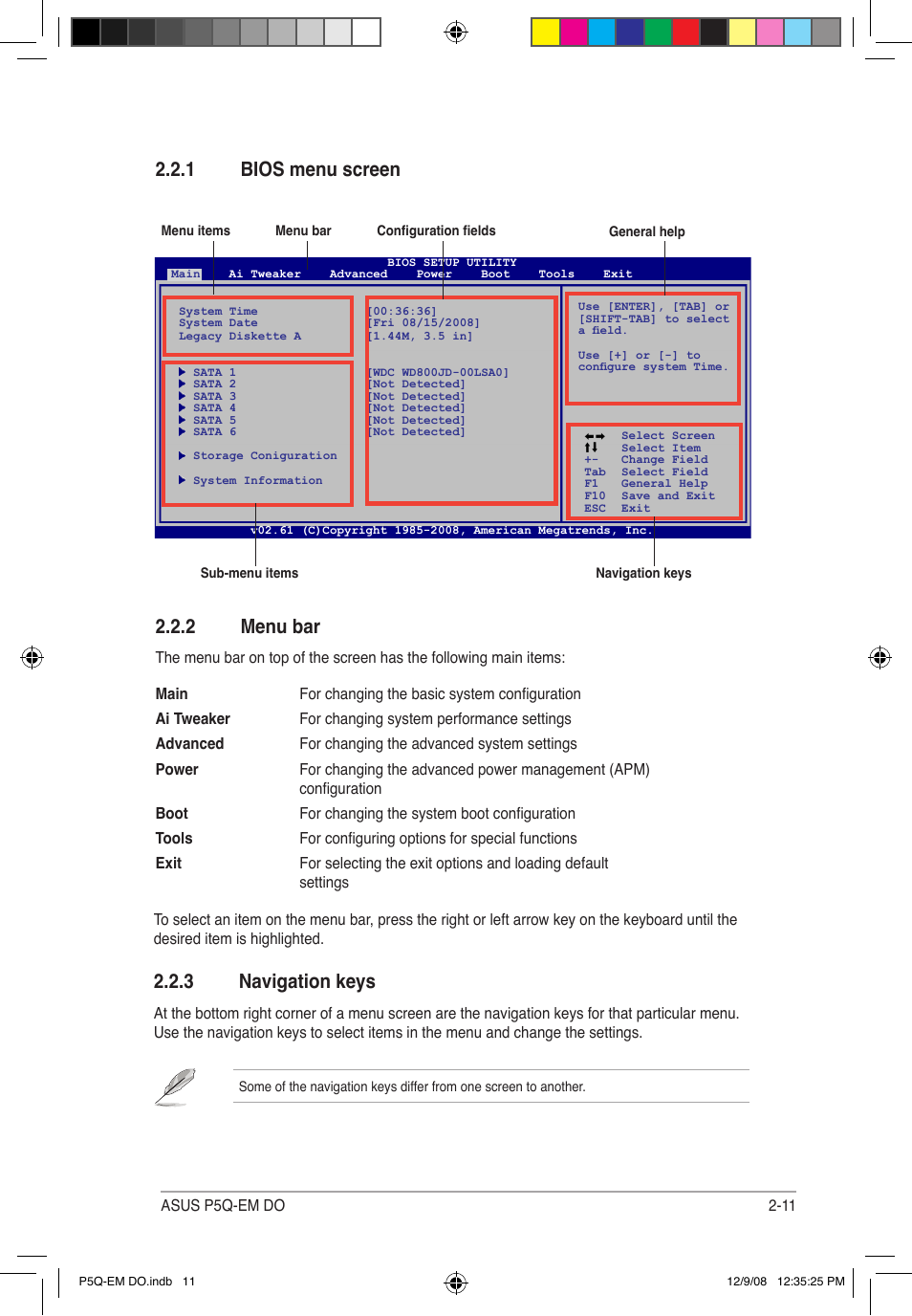 2 menu bar, 1 bios menu screen, 3 navigation keys | Asus P5Q-EM DO User Manual | Page 63 / 108