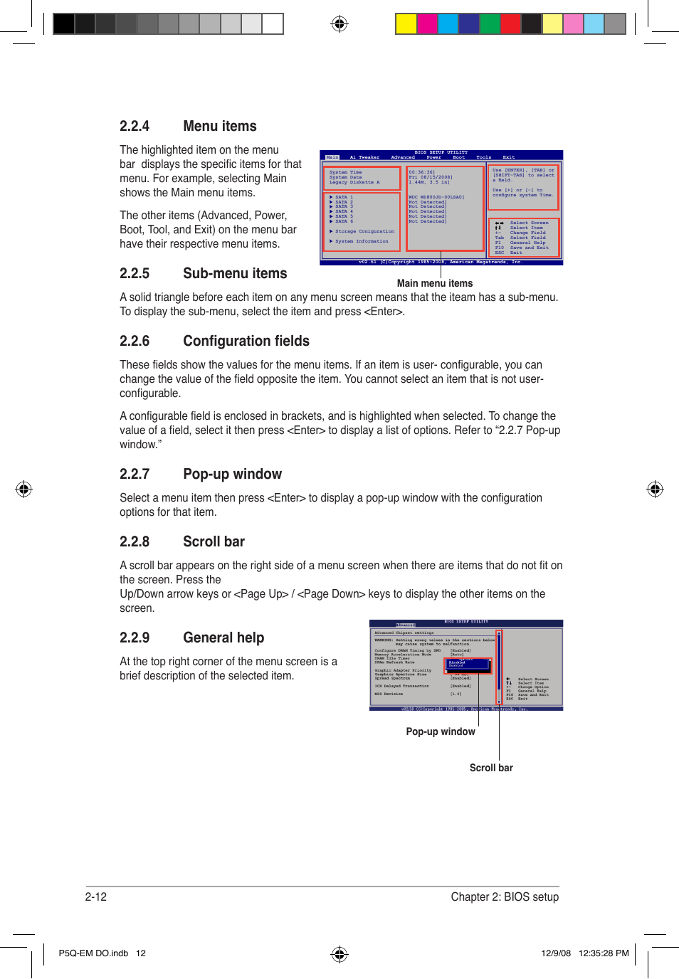 4 menu items, 5 sub-menu items, 6 configuration fields | 7 pop-up window, 8 scroll bar, 9 general help, 12 chapter 2: bios setup | Asus P5Q-EM DO User Manual | Page 64 / 108