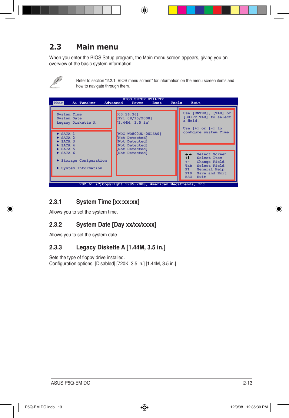 3 main menu, 1 system time [xx:xx:xx | Asus P5Q-EM DO User Manual | Page 65 / 108