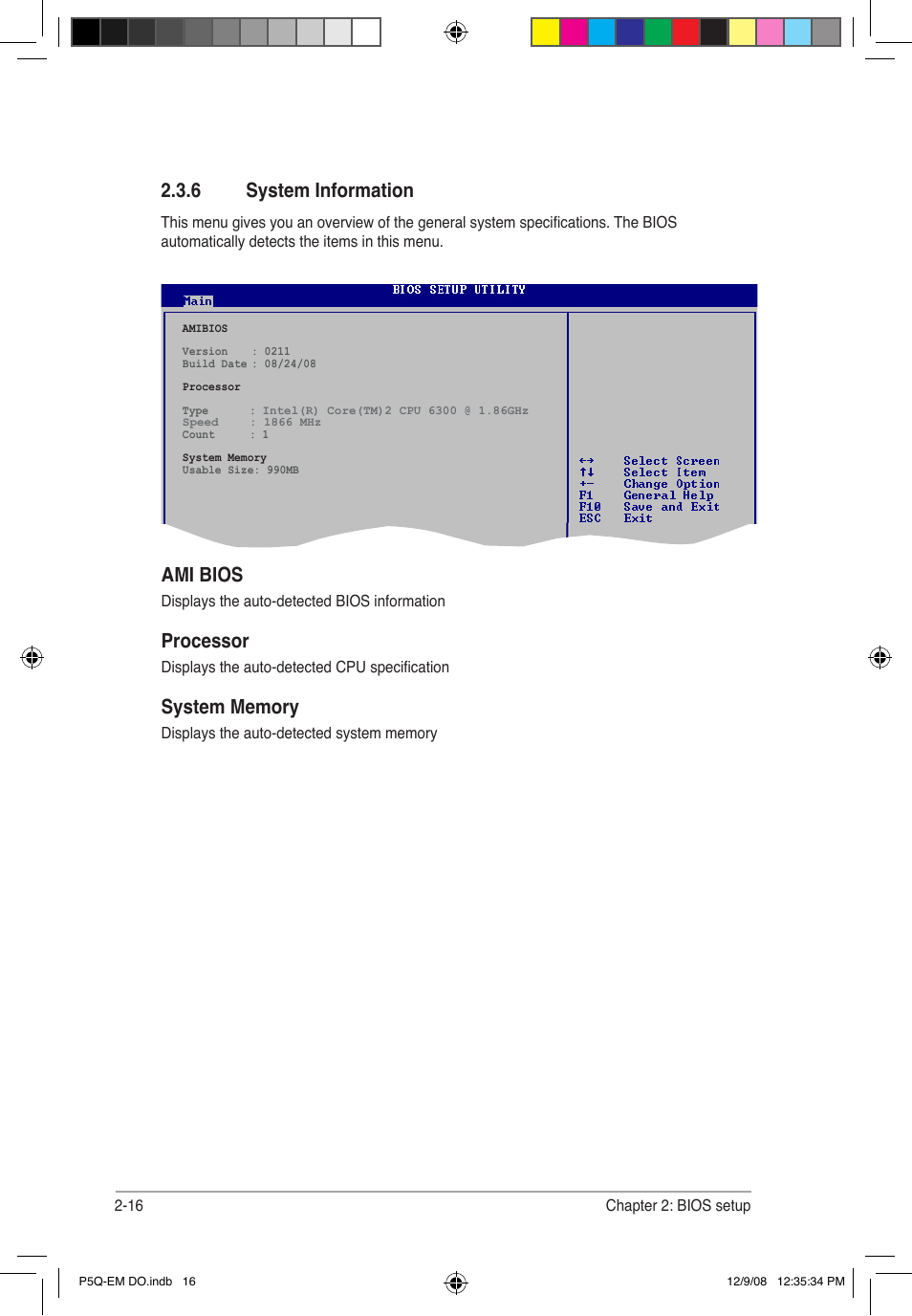 6 system information, Ami bios, Processor | Asus P5Q-EM DO User Manual | Page 68 / 108