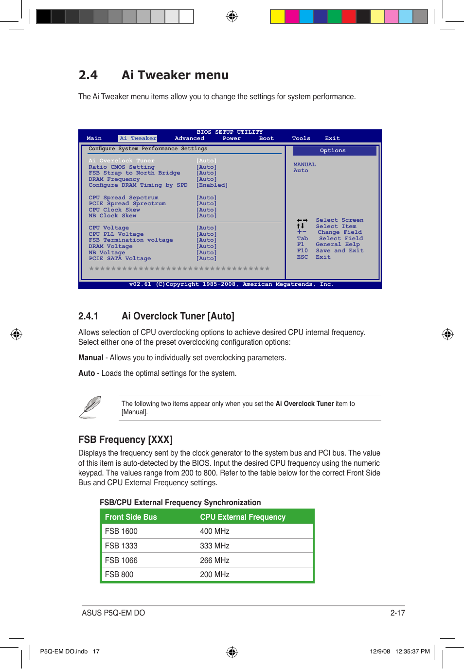 4 ai tweaker menu, 1 ai overclock tuner [auto, Fsb frequency [xxx | Asus P5Q-EM DO User Manual | Page 69 / 108