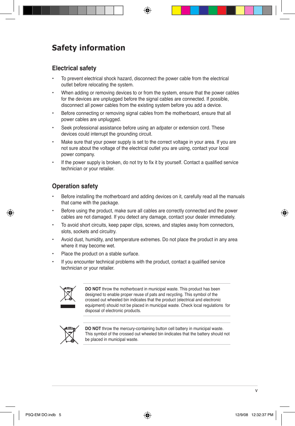 Safety information, Electrical safety, Operation safety | Asus P5Q-EM DO User Manual | Page 7 / 108