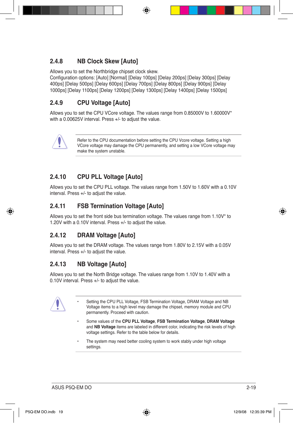 8 nb clock skew [auto, 9 cpu voltage [auto, 10 cpu pll voltage [auto | 11 fsb termination voltage [auto, 12 dram voltage [auto, 13 nb voltage [auto | Asus P5Q-EM DO User Manual | Page 71 / 108