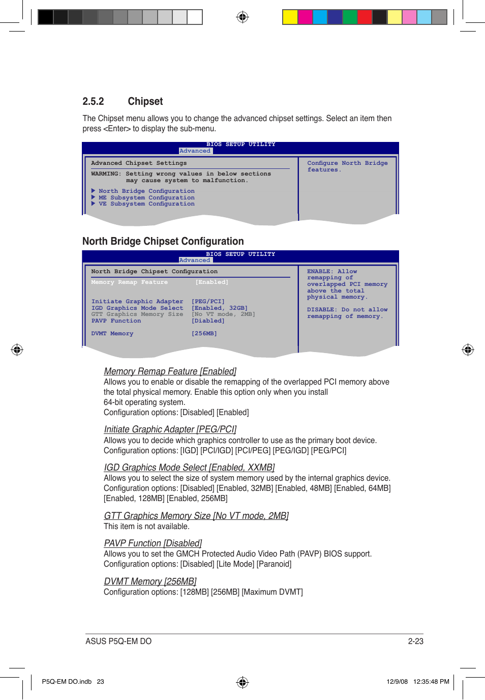 2 chipset, North bridge chipset configuration, Initiate graphic adapter [peg/pci | Igd graphics mode select [enabled, xxmb, Pavp function [disabled | Asus P5Q-EM DO User Manual | Page 75 / 108