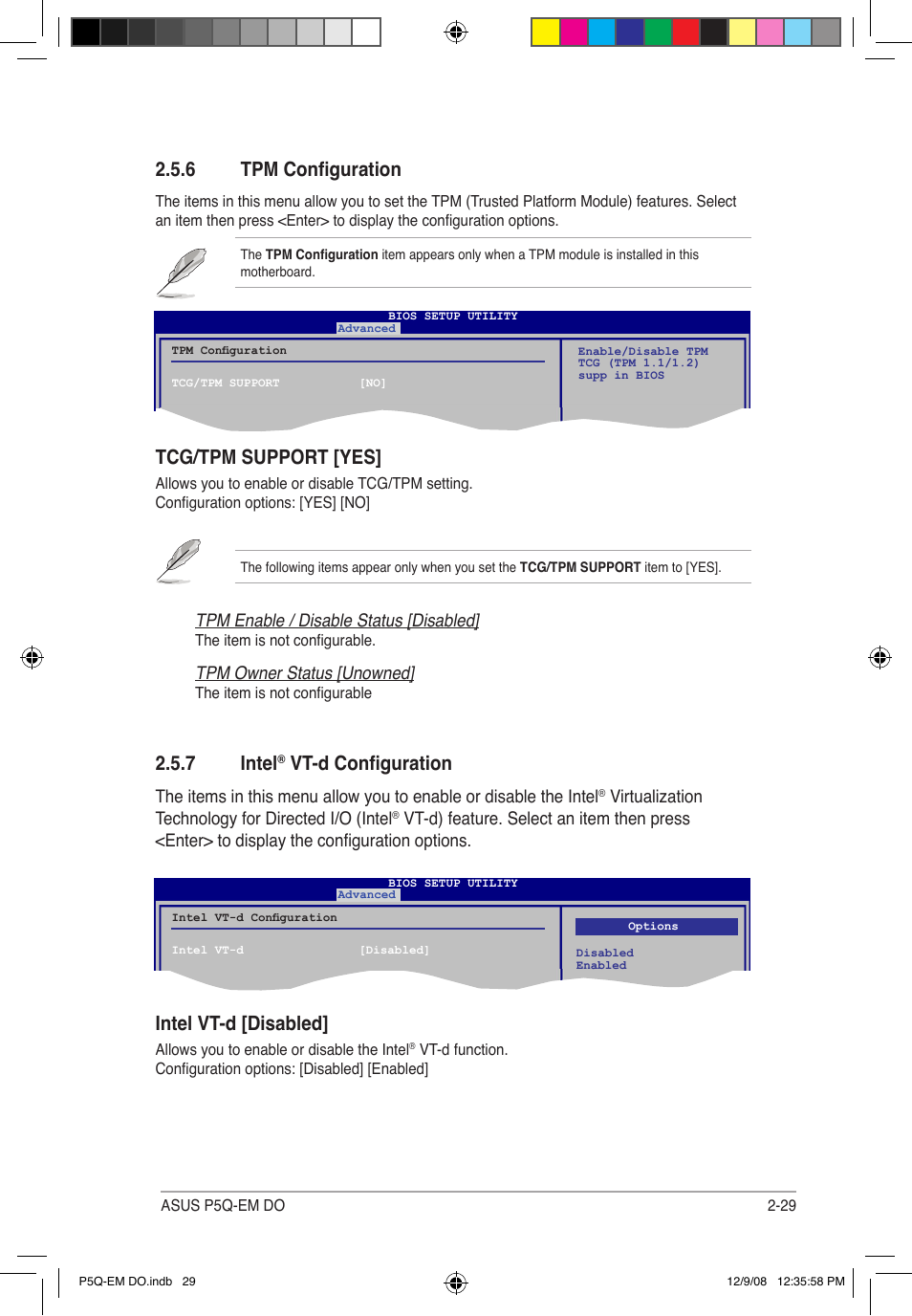 6 tpm configuration, Tcg/tpm support [yes, 7 intel | Vt-d configuration, Intel vt-d [disabled, Tpm enable / disable status [disabled, Tpm owner status [unowned | Asus P5Q-EM DO User Manual | Page 81 / 108