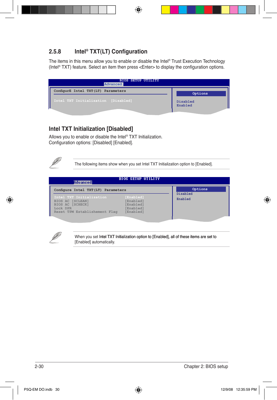 8 intel, Txt(lt) configuration, Intel txt initialization [disabled | Asus P5Q-EM DO User Manual | Page 82 / 108