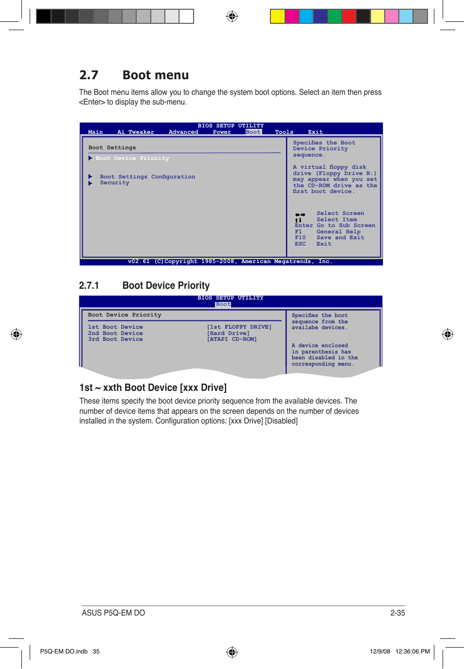 7 boot menu, 1 boot device priority, 1st ~ xxth boot device [xxx drive | Asus P5Q-EM DO User Manual | Page 87 / 108