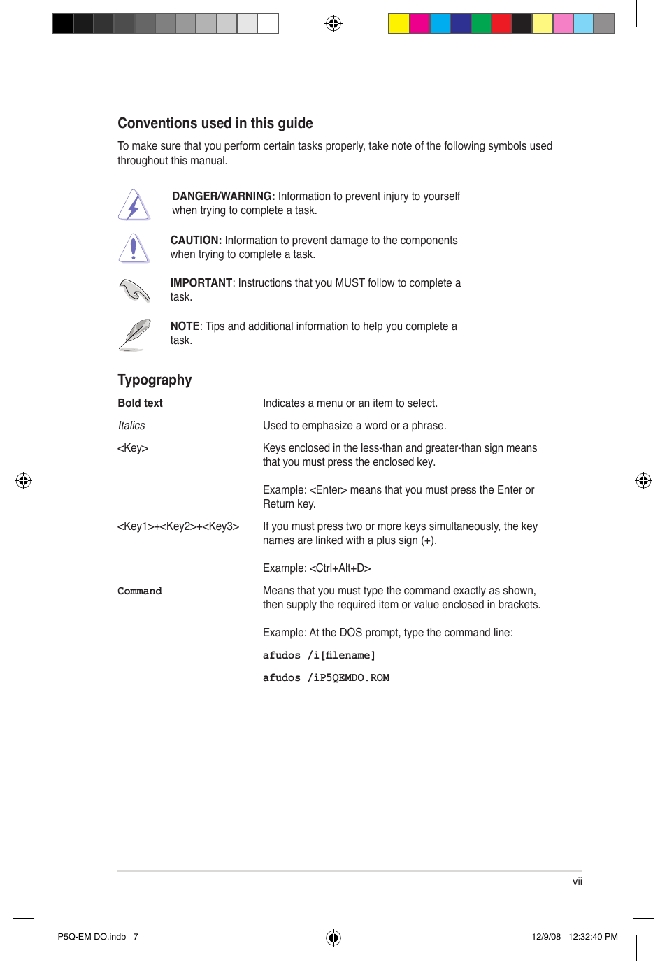 Conventions used in this guide, Typography | Asus P5Q-EM DO User Manual | Page 9 / 108