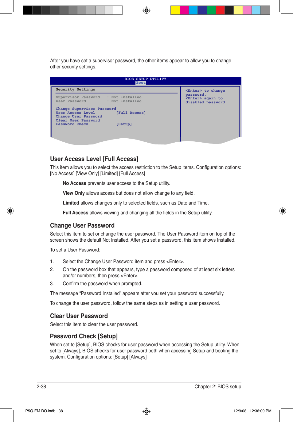 User access level [full access, Change user password, Clear user password | 1 boot device priority, Password check [setup | Asus P5Q-EM DO User Manual | Page 90 / 108