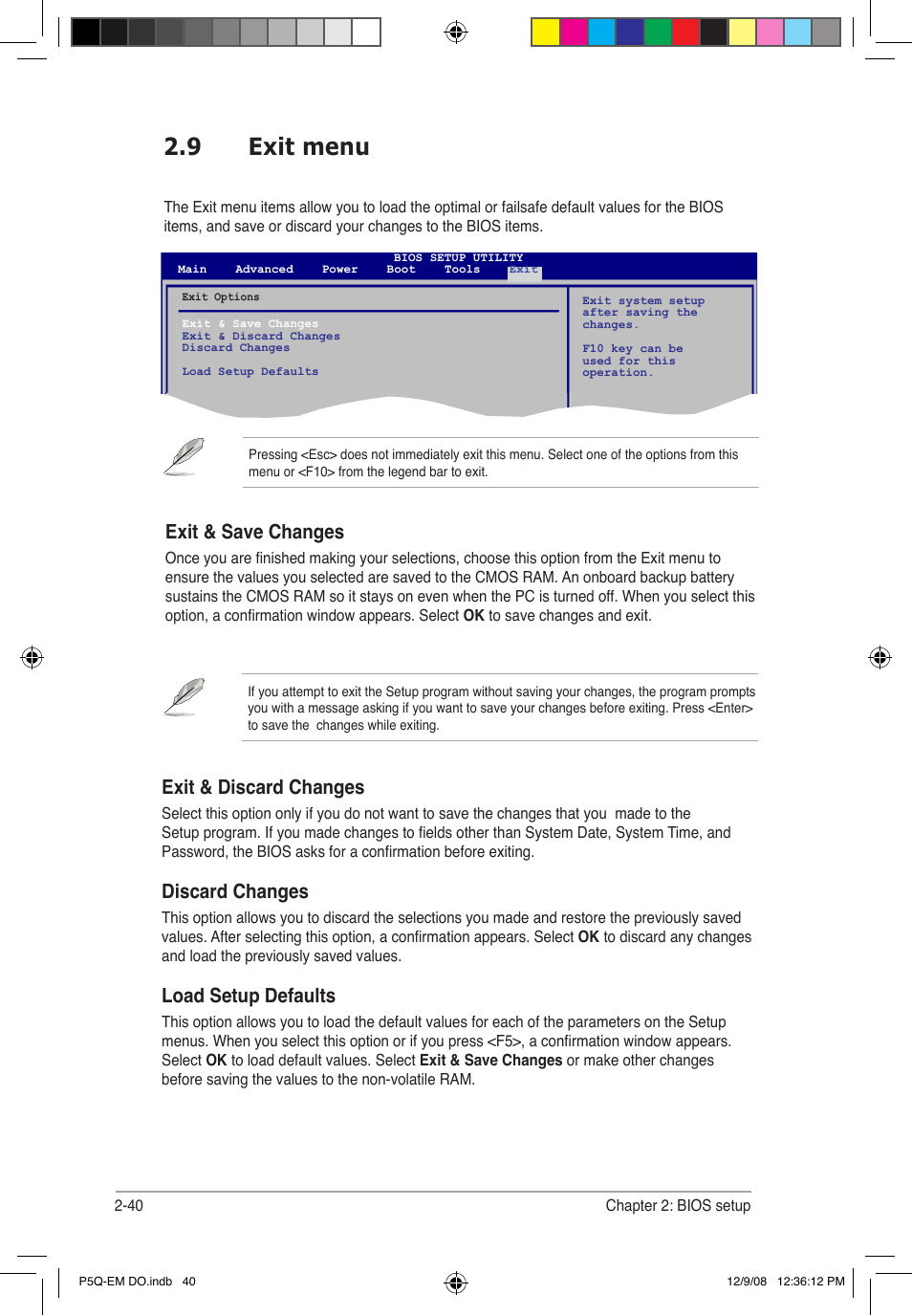 9 exit menu, Exit & discard changes, Discard changes | Load setup defaults, Exit & save changes | Asus P5Q-EM DO User Manual | Page 92 / 108