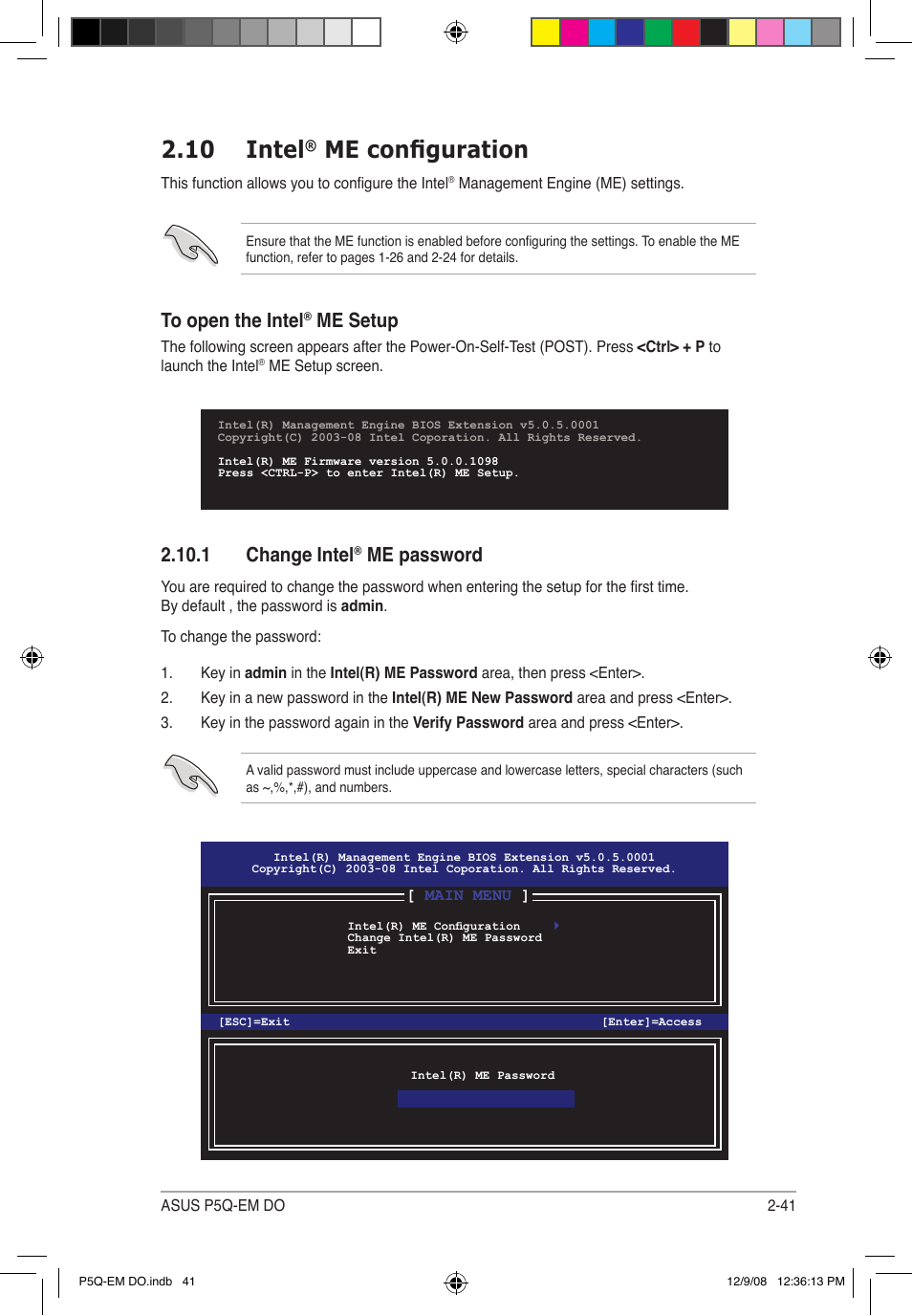 10 intel, Me configuration, Me setup | 1 change intel, Me password | Asus P5Q-EM DO User Manual | Page 93 / 108