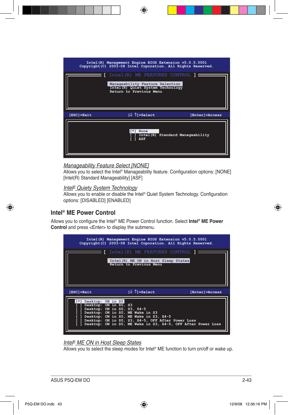 Me power control, Manageability feature select [none, Intel | Quiety system technology, Me on in host sleep states | Asus P5Q-EM DO User Manual | Page 95 / 108