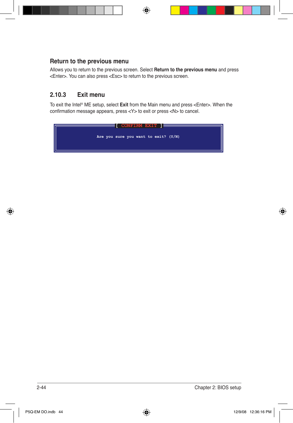 3 exit menu, Return to the previous menu | Asus P5Q-EM DO User Manual | Page 96 / 108