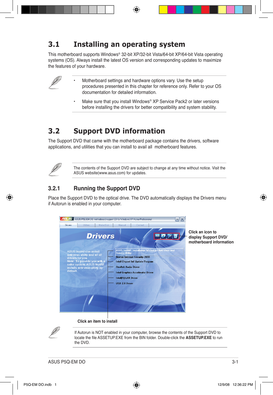 1 installing an operating system, 2 support dvd information, 1 running the support dvd | Asus P5Q-EM DO User Manual | Page 99 / 108
