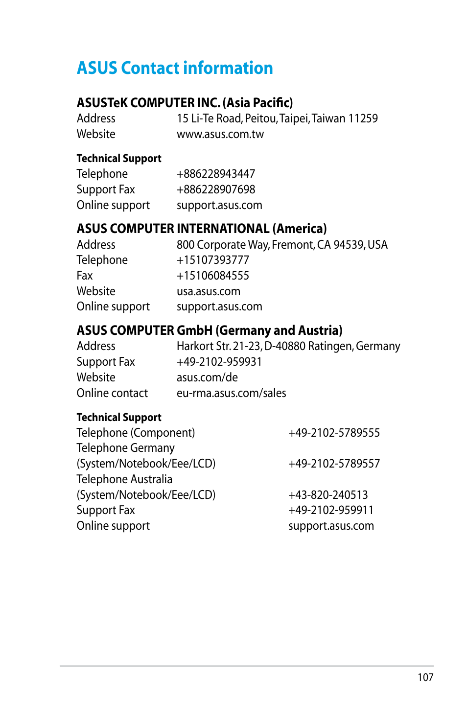 Asus contact information | Asus RT-N14UHP User Manual | Page 107 / 107