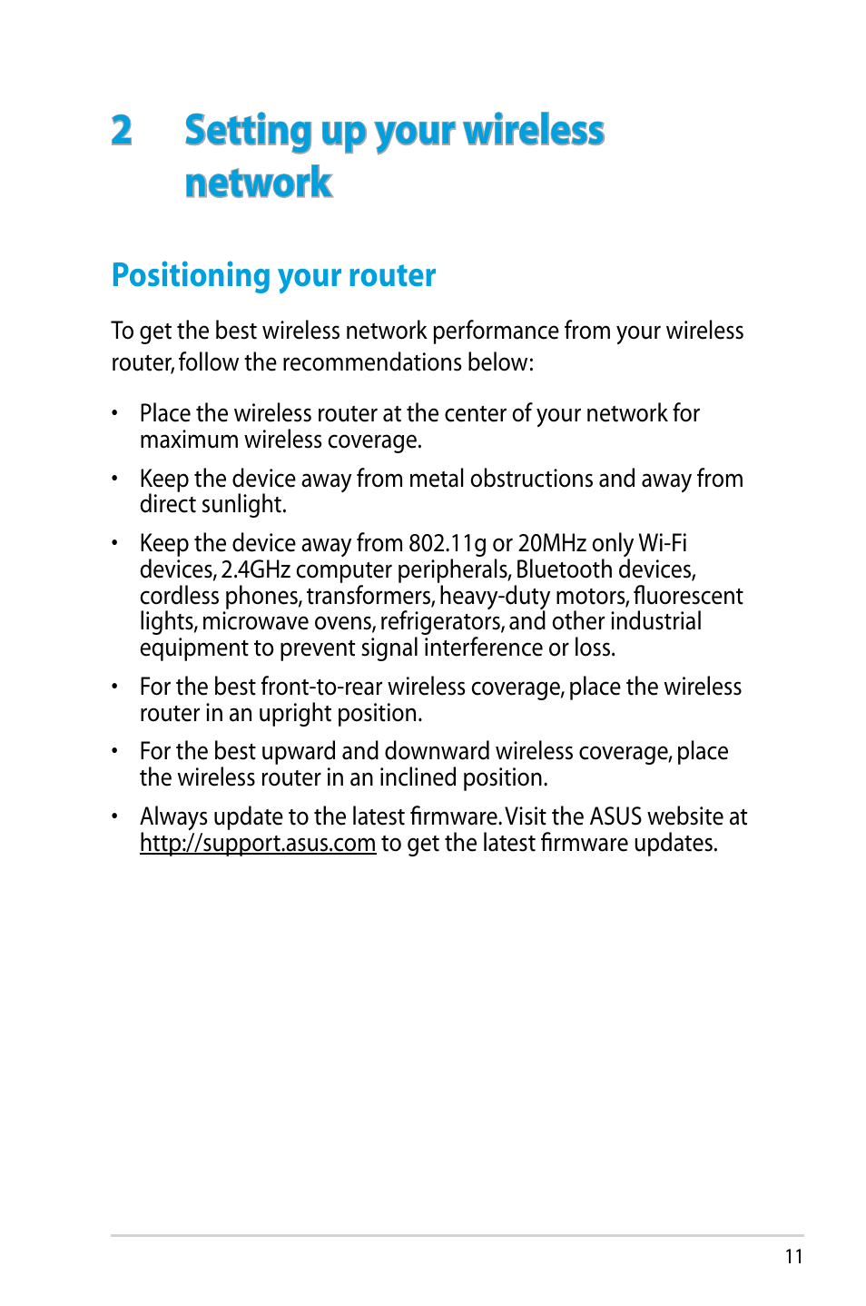 2 setting up your wireless network, Positioning your router | Asus RT-N14UHP User Manual | Page 11 / 107