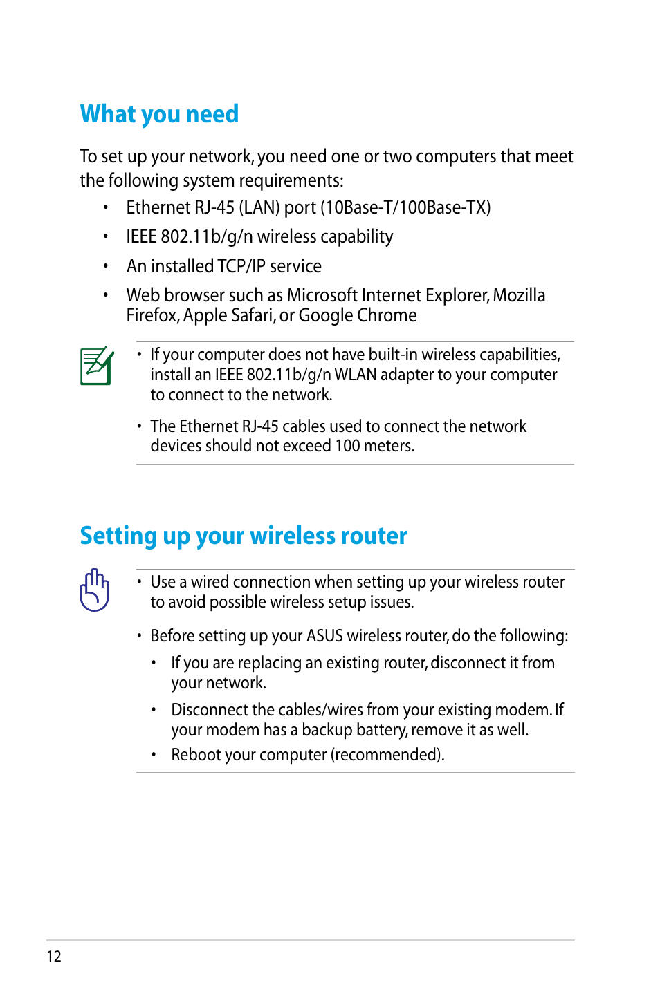 What you need, Setting up your wireless router, What you need setting up your wireless router | Asus RT-N14UHP User Manual | Page 12 / 107