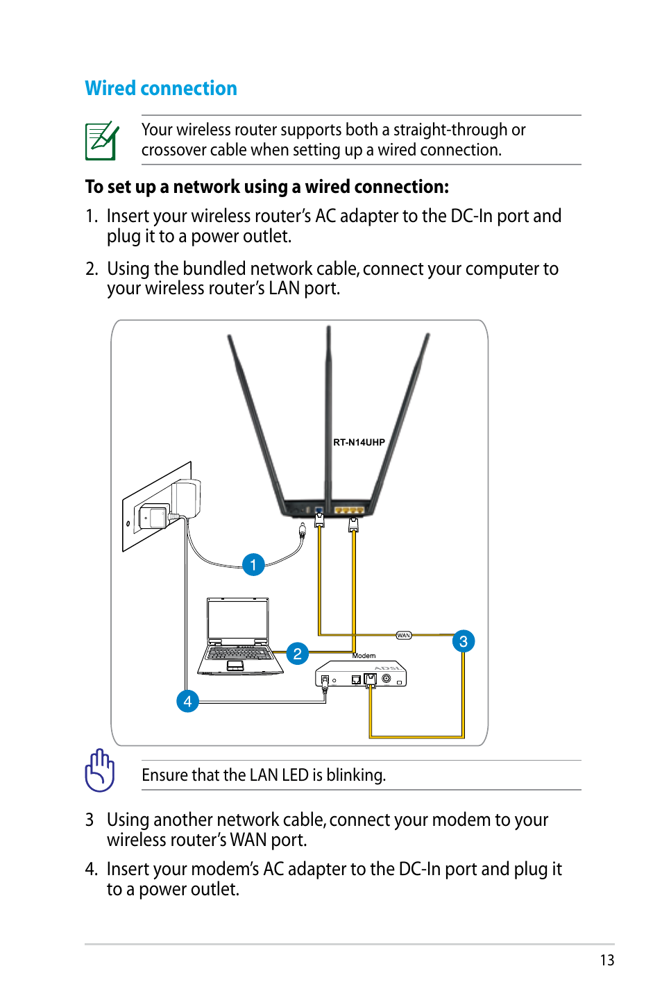 Wired connection | Asus RT-N14UHP User Manual | Page 13 / 107