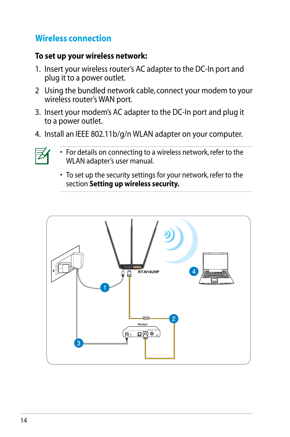 Wireless connection | Asus RT-N14UHP User Manual | Page 14 / 107