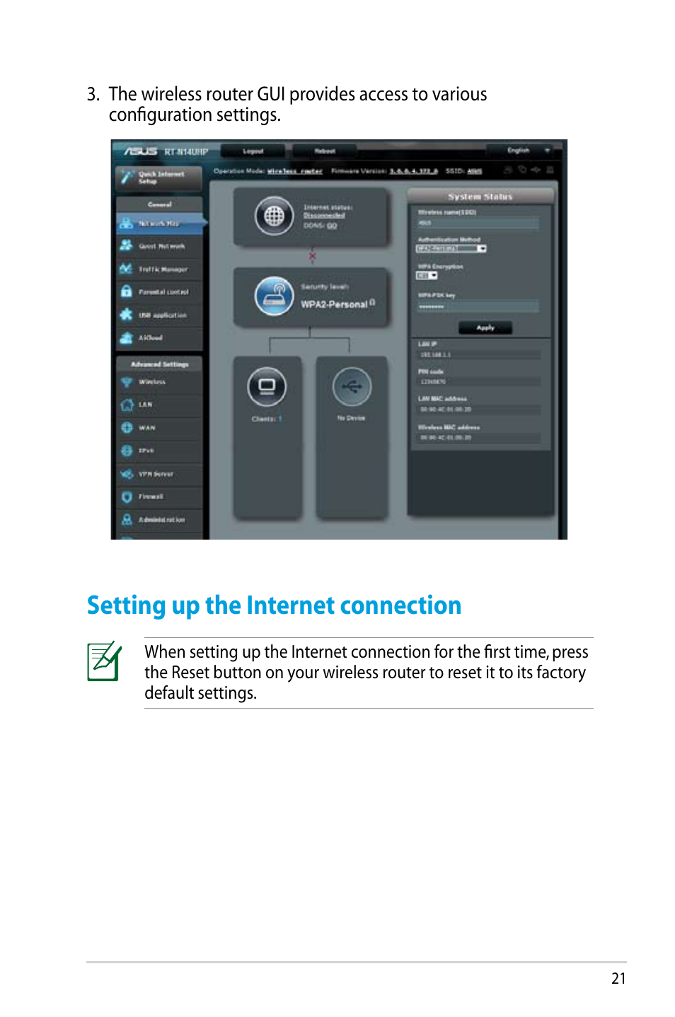 Setting up the internet connection | Asus RT-N14UHP User Manual | Page 21 / 107