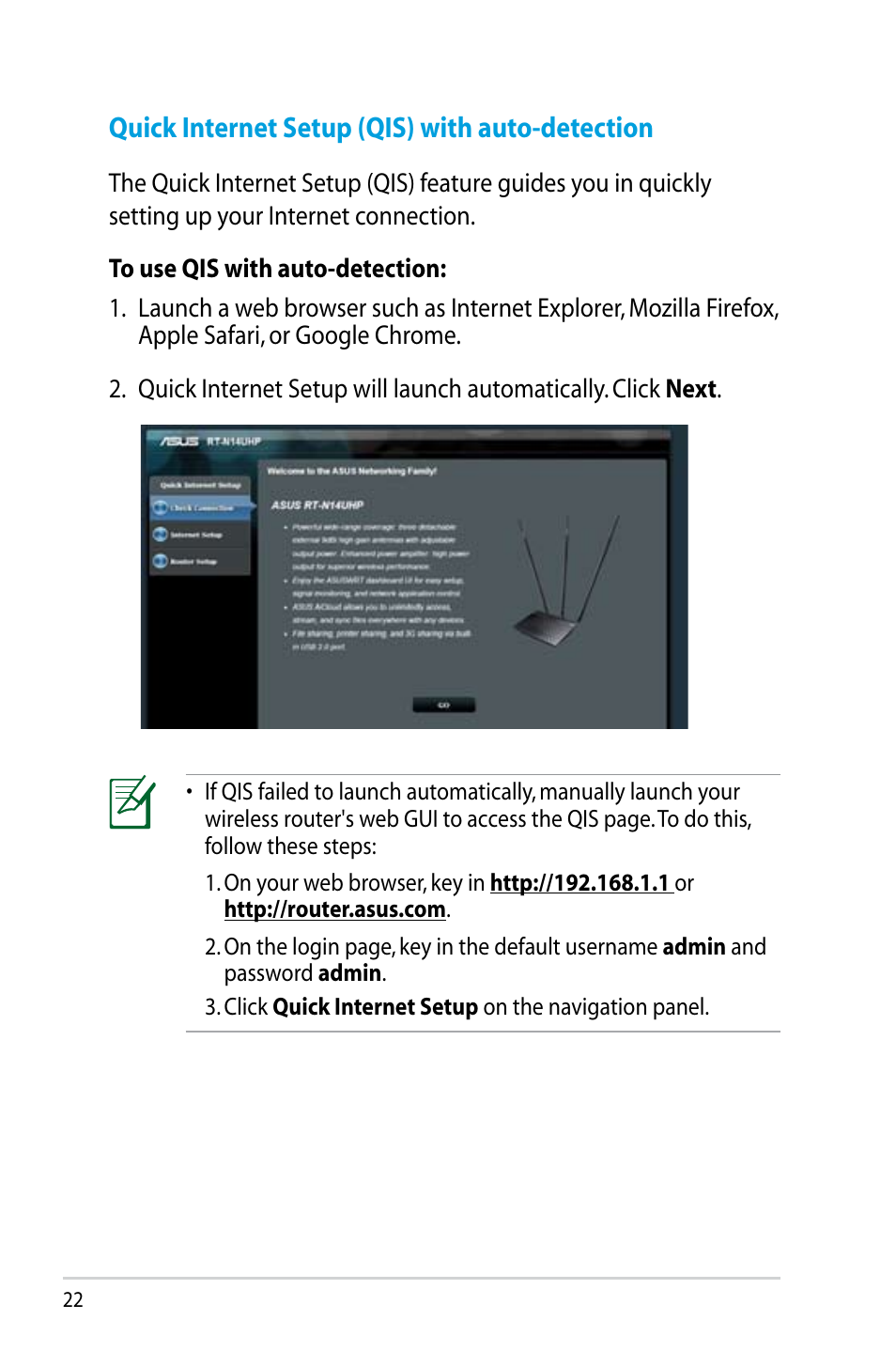 Quick internet setup (qis) with auto-detection | Asus RT-N14UHP User Manual | Page 22 / 107