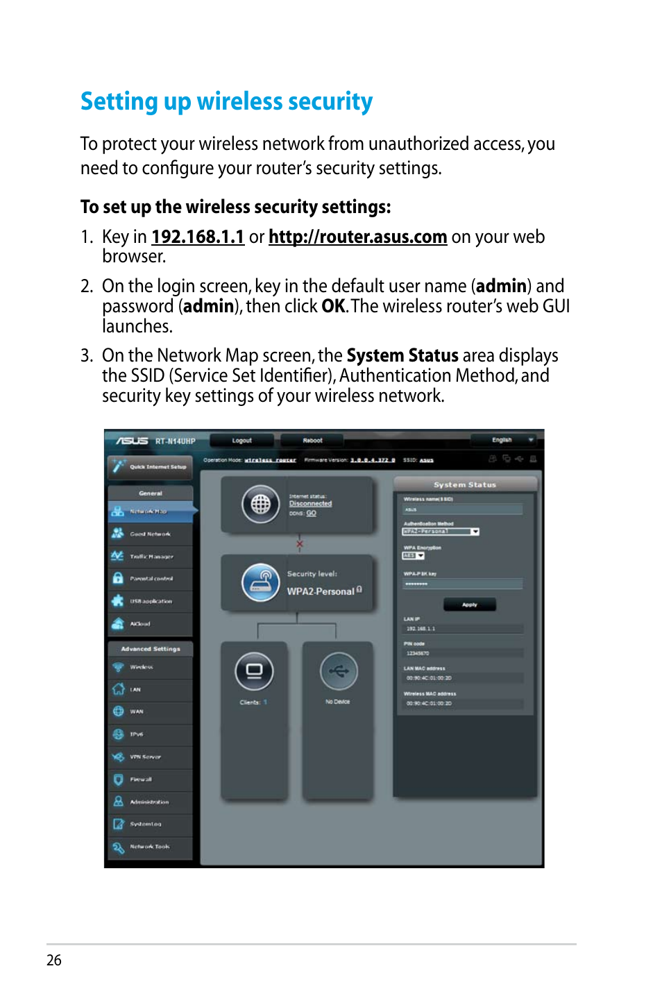 Setting up wireless security | Asus RT-N14UHP User Manual | Page 26 / 107