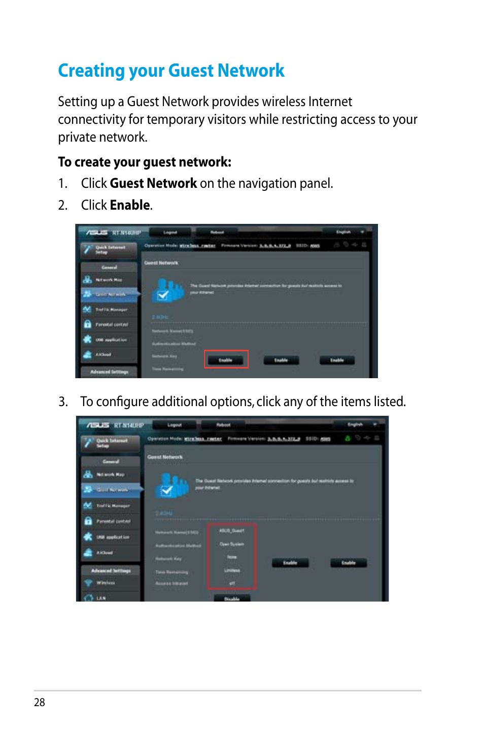 Creating your guest network | Asus RT-N14UHP User Manual | Page 28 / 107