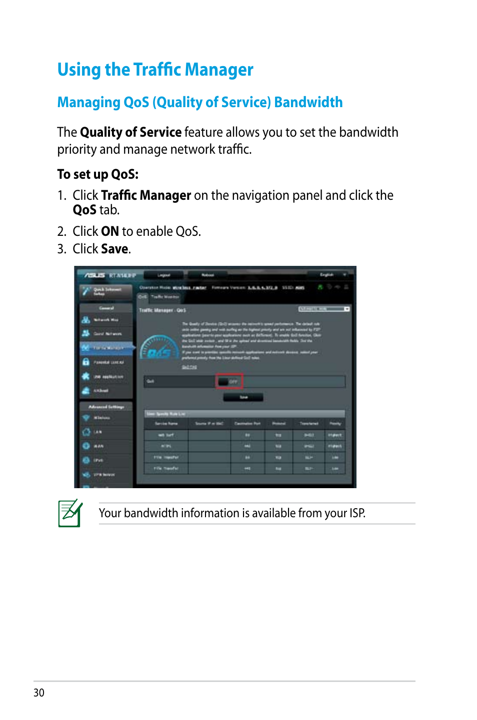Using the traffic manager, Managing qos (quality of service) bandwidth | Asus RT-N14UHP User Manual | Page 30 / 107