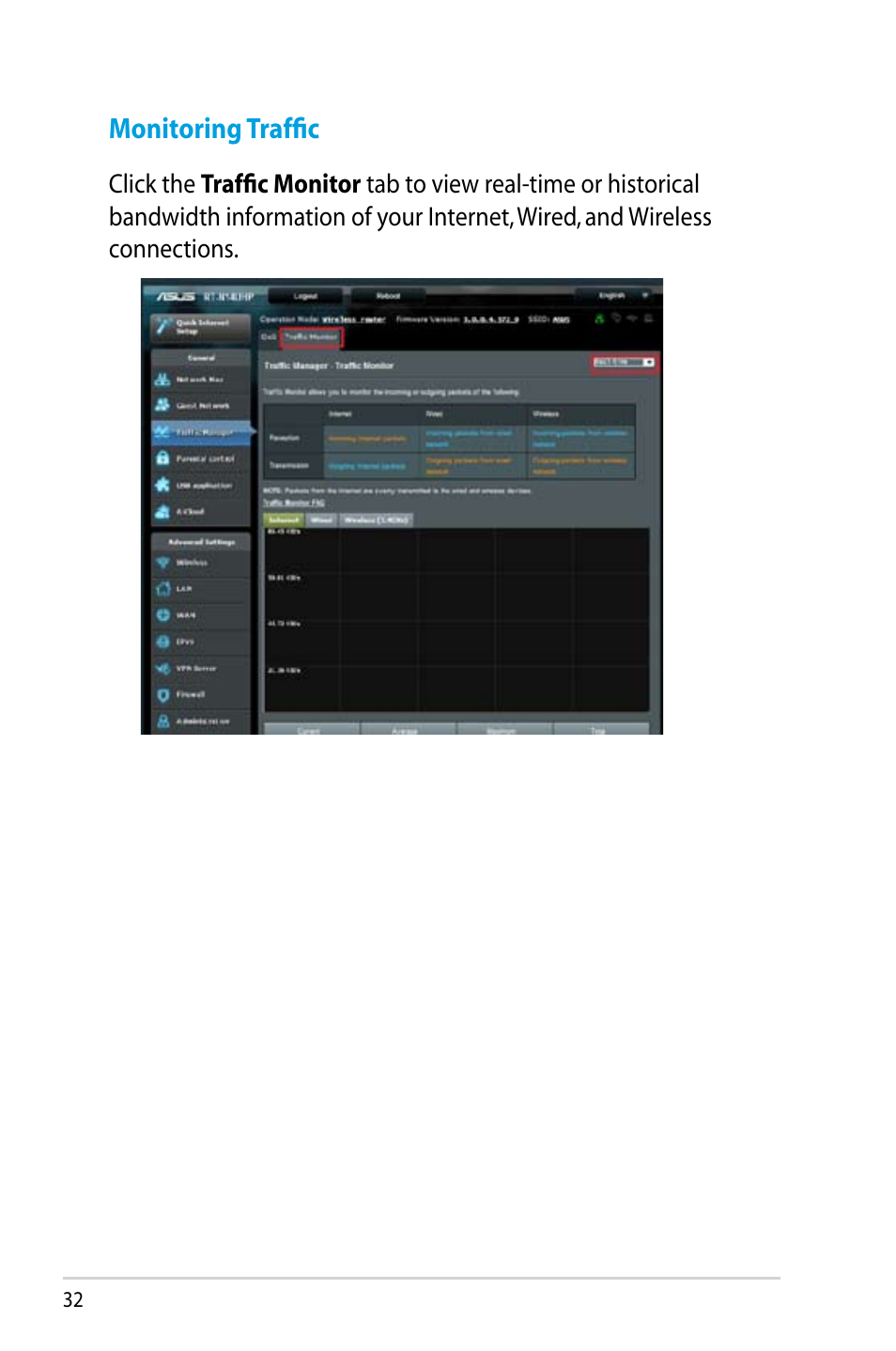 Monitoring traffic | Asus RT-N14UHP User Manual | Page 32 / 107