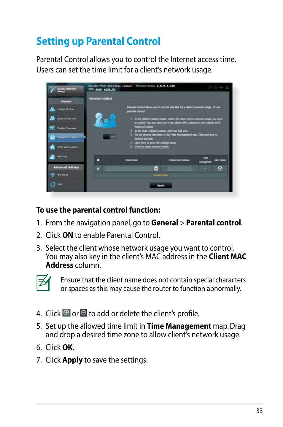 Setting up parental control | Asus RT-N14UHP User Manual | Page 33 / 107