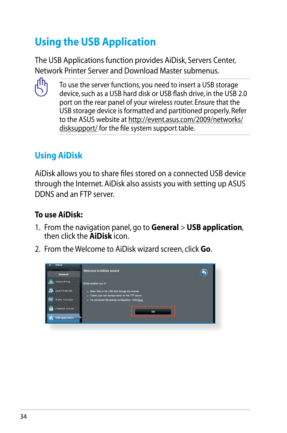 Using the usb application, Using aidisk | Asus RT-N14UHP User Manual | Page 34 / 107