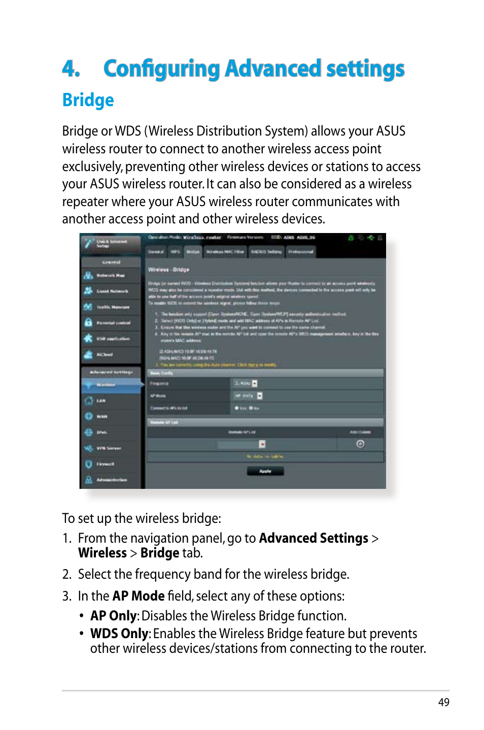 Configuring advanced settings, Bridge | Asus RT-N14UHP User Manual | Page 49 / 107