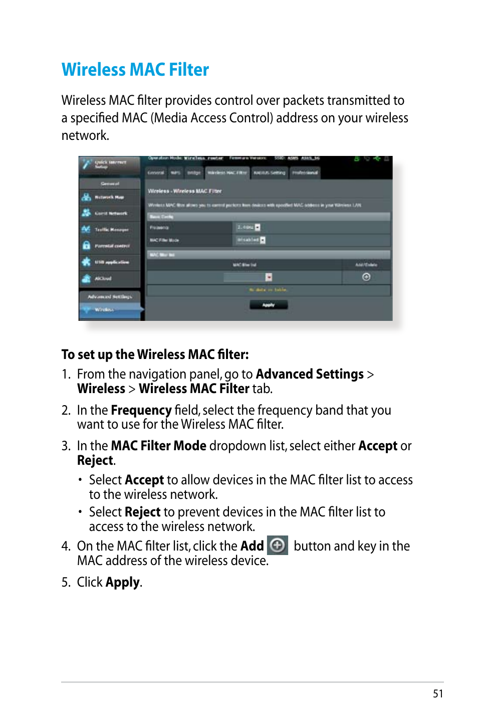 Wireless mac filter | Asus RT-N14UHP User Manual | Page 51 / 107