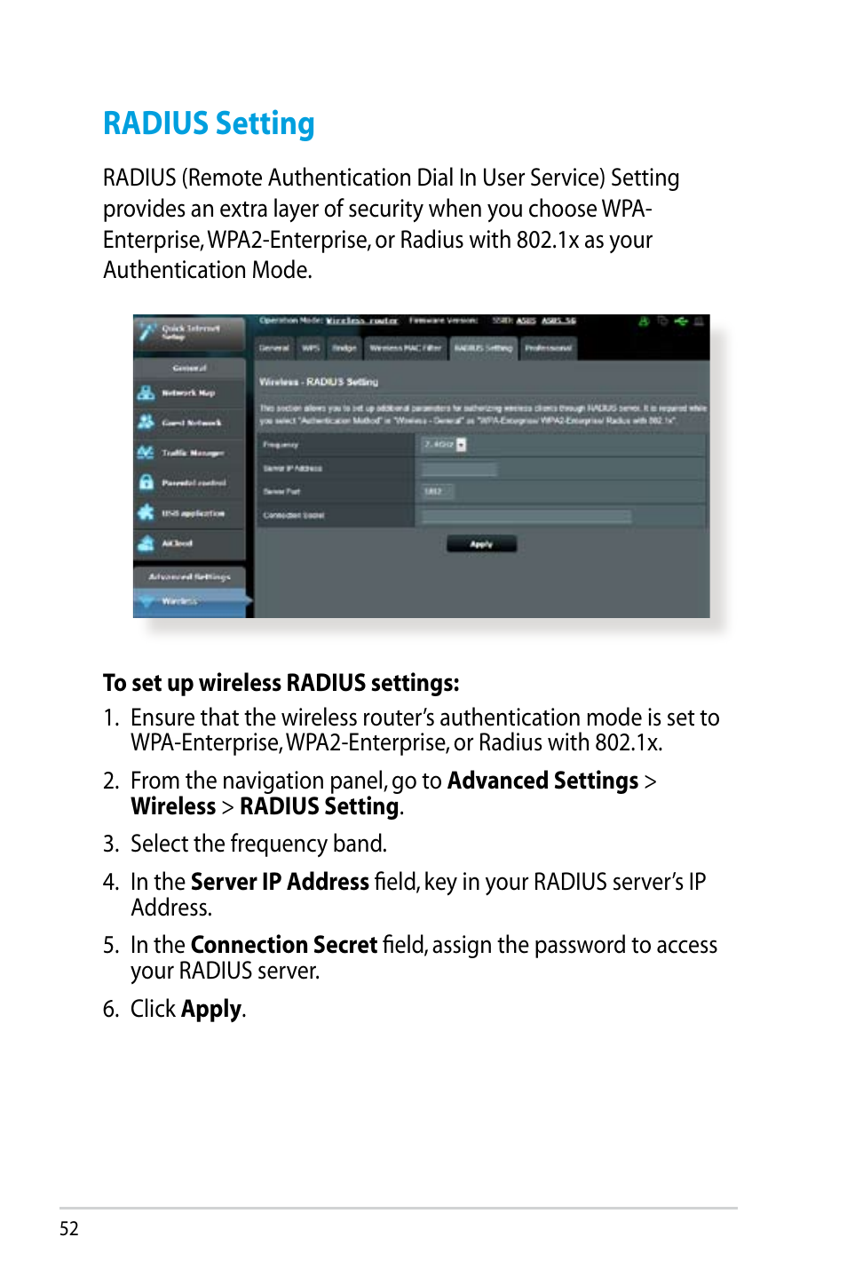 Radius setting | Asus RT-N14UHP User Manual | Page 52 / 107