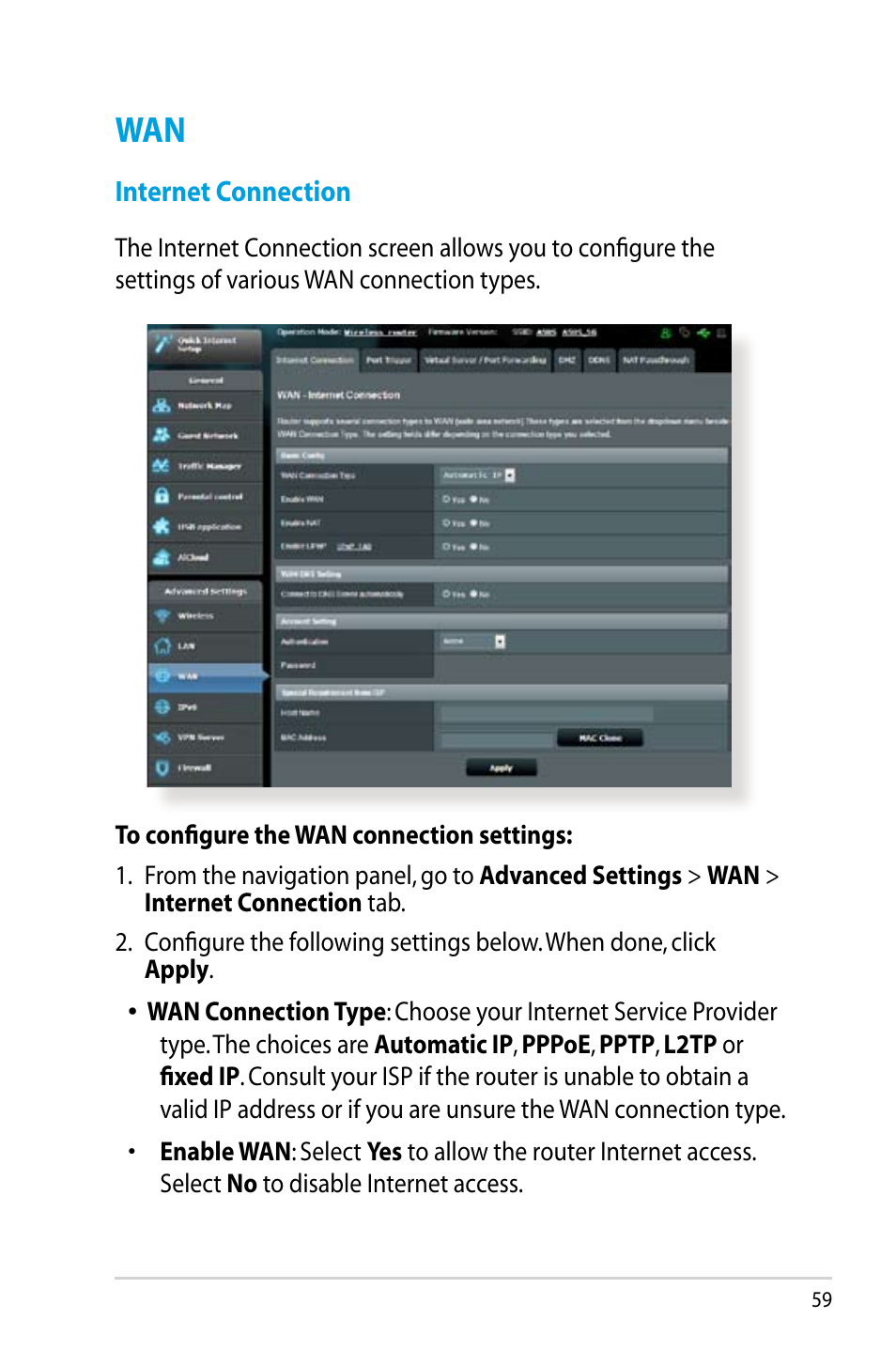 Internet connection | Asus RT-N14UHP User Manual | Page 59 / 107