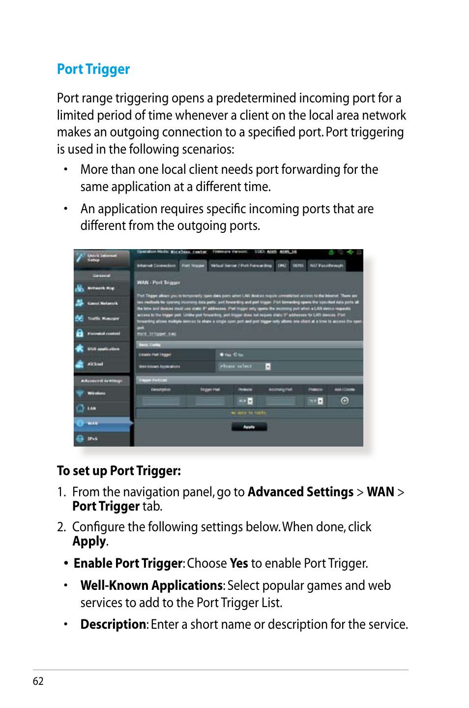 Port trigger | Asus RT-N14UHP User Manual | Page 62 / 107