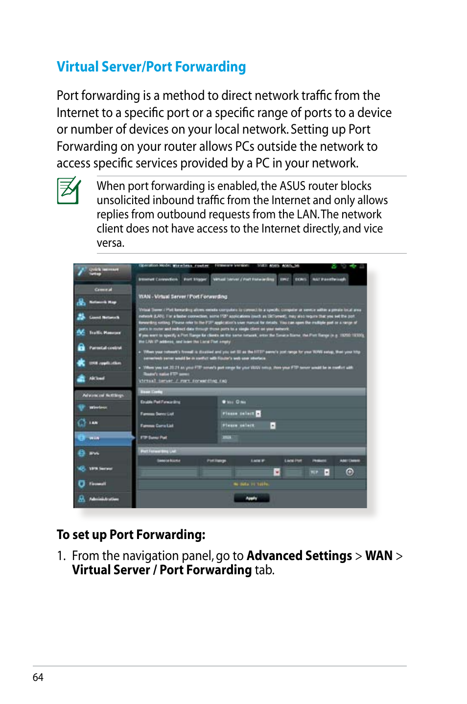 Virtual server/port forwarding | Asus RT-N14UHP User Manual | Page 64 / 107