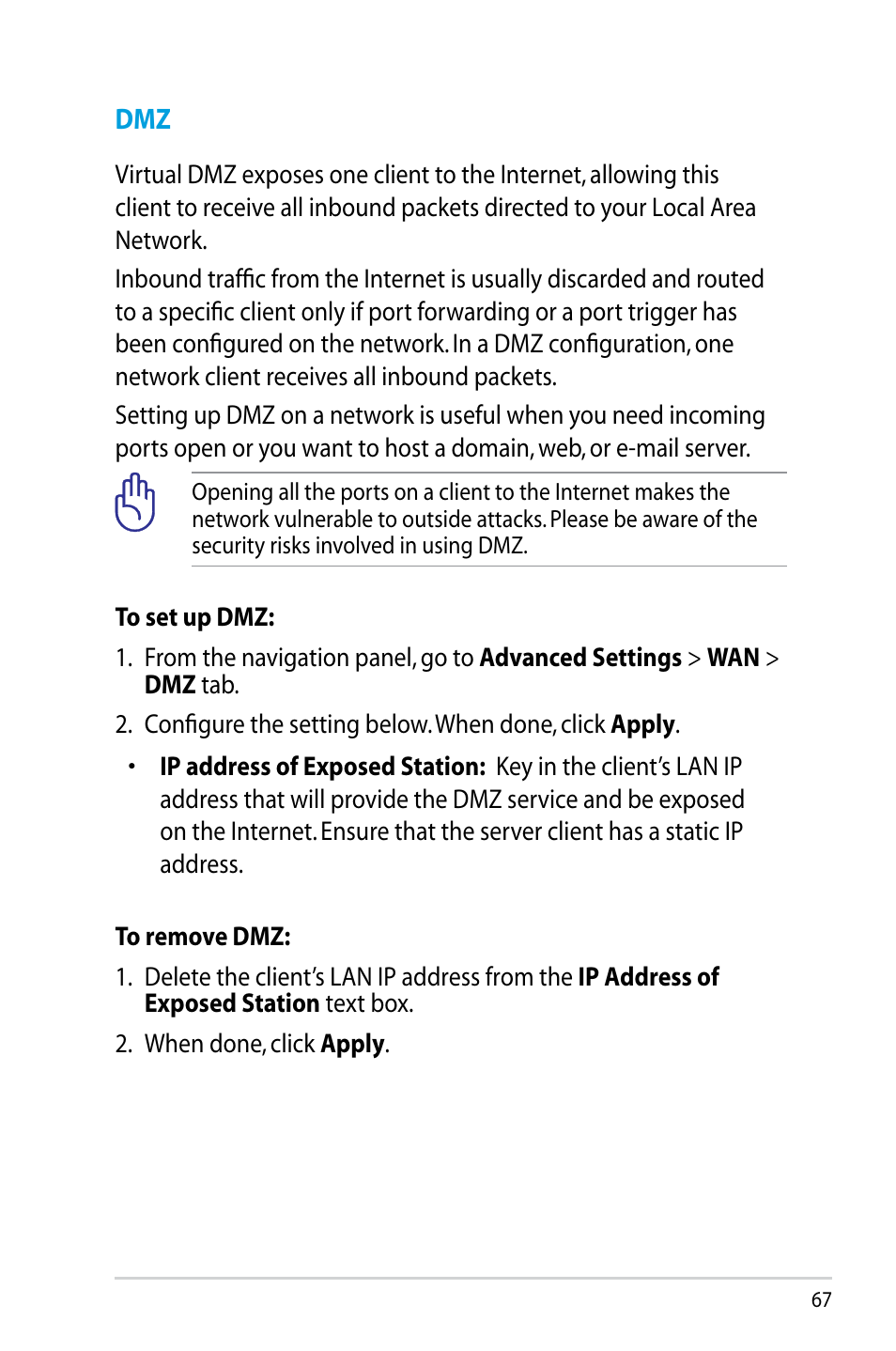 Dmz 67 | Asus RT-N14UHP User Manual | Page 67 / 107