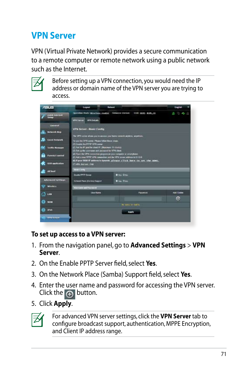 Vpn server | Asus RT-N14UHP User Manual | Page 71 / 107