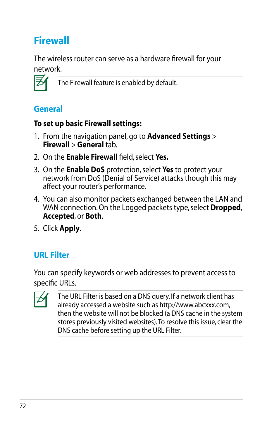 Firewall, General, Url filter | General url filter | Asus RT-N14UHP User Manual | Page 72 / 107