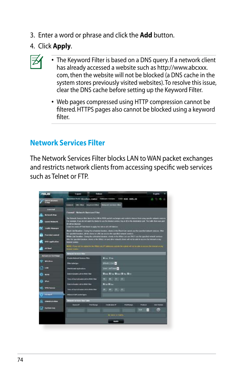 Network services filter | Asus RT-N14UHP User Manual | Page 74 / 107